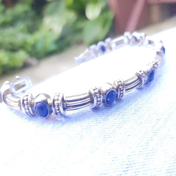 Vintage Lapis Sterling Silver, Heavy Link Bracelet - Picture 3 of 8